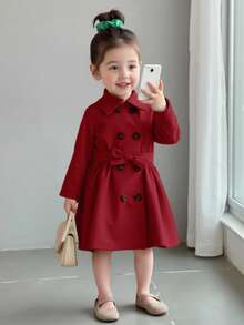 SHEIN Baby Girl Khaki Thermal Lined Long Coat With Lapel Collar, Casual & Cute, Autumn/Winter