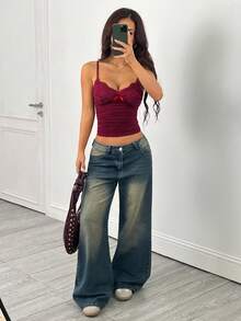 SHEIN PETITE Lace-Trimmed Y2k Camisole Top: Perfect For Christmas, Valentine's Day, And New Year's Eve Dates. Red Burgundy Tops Cute Cleavage Top Lacey Top - Burgundy - View 7