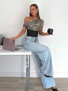 Siren Gaze Women's Casual Elegant Ruched Cropped Oblique Shoulder Top, Suitable For Summer, Everyday Wear, Zebra Print, Color Blocking - Multicolor - View 6