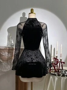 Flirla 女款黑色天鹅绒高端中袖撞色蕾丝中式立领纽扣设计收腰显瘦A字裙摆性感欧美风中式派对小礼服 - 黑色 - 查看 2