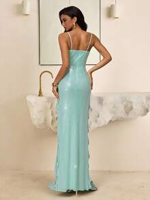 SHEIN Belle Elegant, Romantic, Fashionable, Sexy, Green, Sequined Fabric, Suspenders, 3D Flower Decoration, Ruffle Decoration, Side Slits, Tight Style, Suitable For Nightclubs, Parties, Vacations, Elegant Party Dress, Beach Dress, Wedding Guest Dress, Green Dress, Cocktail Dress - Mint Green - View 8