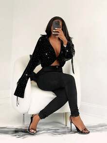 BamGleam Women's Velvet Rhinestone Embellished Front Twist Slit Sleeve Blouse - Black - View 4