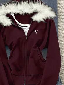 Glimmora 女式连帽修身毛领拉链运动衫，时尚长袖休闲夹克 - 彩色 - 查看 6