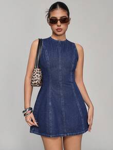 SHEIN PETITE 女式性感露背系带腰牛仔连衣裙，夏季 - 深色水洗藍 - 查看 6