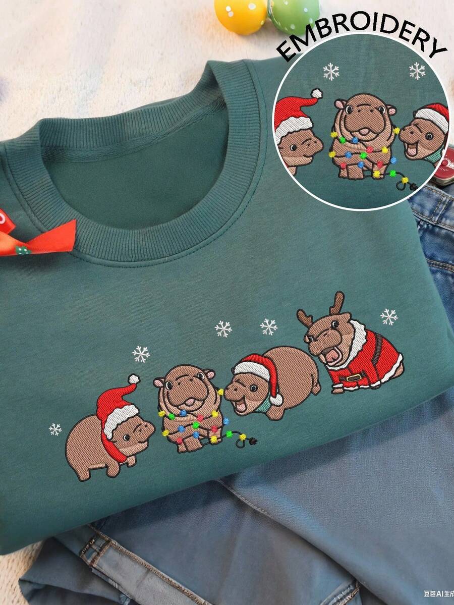 INAWLY Áo nỉ cổ tròn thêu họa tiết hà mã Giáng sinh dành cho nữ - màu xanh lá - Xem 1