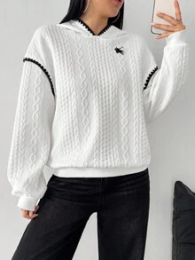 Modelyn 秋冬V领宽松休闲黑白撞色马术标志优雅复古美式风格卫衣 - 白色 - 查看 6