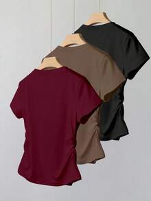 INAWLY 女式休闲褶皱腰修身 T 恤，时尚百搭设计，纯色，适合日常穿着、摄影、街头风格 - 彩色 - 查看 2