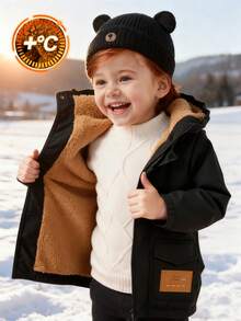 SHEIN 男婴秋冬服装套装，保暖连帽外套，加厚羽绒服，绗缝外套，舒适百搭，时尚经典休闲风，适合室内、户外滑雪、日常穿着、运动、玩耍、派对、节日等场合。男婴冬季外套，男婴黑色外套，男婴抓绒外套，男婴连帽外套，男婴保暖外套。