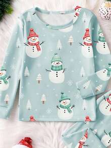 1set Baby Boy Christmas Snowman & Tree Print Snug Fit Crew Neck Long Sleeve Top And Pants Pajama Set Best Gift For Baby - Mint Blue - View 5