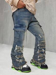 SHEIN 年轻男孩时尚复古设计做旧复古水洗撕破毛边拼接高弹力修身蓝色牛仔裤，带工装口袋，休闲百搭，适合儿童秋冬户外服装 - 中等水洗藍 - 查看 6