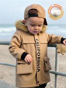 SHEIN 男童休闲舒适多功能保暖加厚连帽羽绒服，中长款冬季外套 - 杏色 - 查看 8