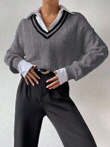 EMERY ROSE Suéter casual de hombros caídos con cuello de contraste, otoño/invierno - Gris - Ver 6