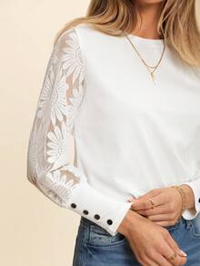 Coeurva 女蕾絲袖白色華夫格上衣 - 白色 - 查看 7