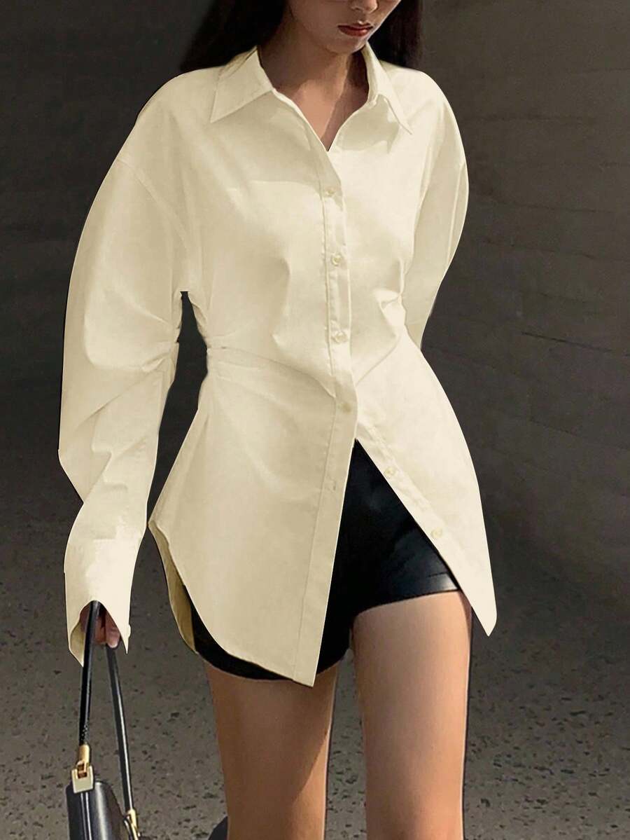Chiquease 女式法式优雅休闲收腰褶饰长袖白色衬衫，适合上班和上学 - 米色 - 查看 1