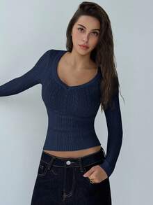 Aloruh 新款时尚深 V 领长袖合身复古麻花针织简约套头衫，秋冬百搭外套 - 藏蓝色 - 查看 6