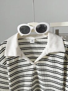 Genkimix Kids 青少年女孩休闲时尚波浪设计 T 恤套装，针织面料白领长袖波浪 T 恤上衣搭配针织提花面料黑白波浪休闲裤，适合女孩返校、日常外出、度假、派对、春秋季拍照 - 彩色 - 查看 4