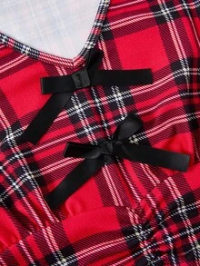 少女休闲格子印花长袖 V 领修身连衣裙，适合外出、派对和聚会 - 紅色 - 查看 6