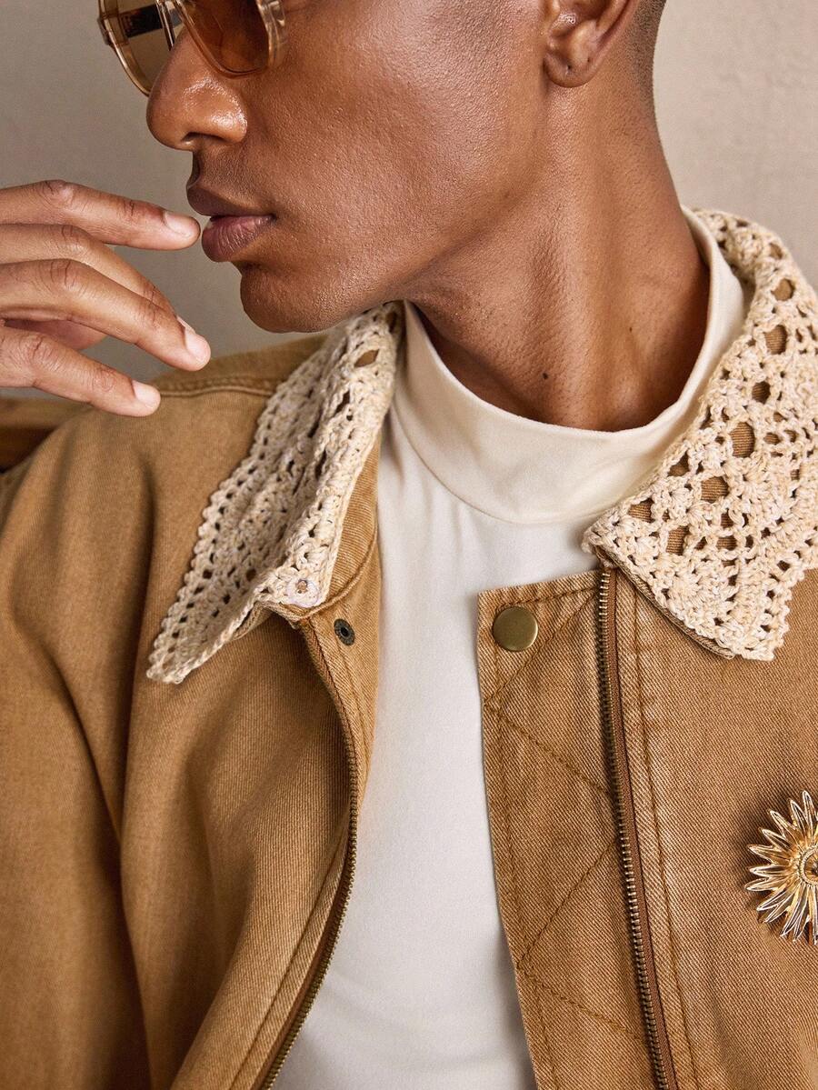 AKNOTIC Chaqueta vaquera casual de manga larga con decoración metálica y cremallera delantera para hombre, otoño - Caqui - Ver 1