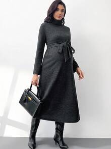 MaterniWear 孕妇纯色高领长裙，秋冬 - 灰色 - 查看 5