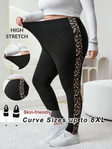 SHEIN CURVE+ 大码女款远红外发热面料休闲日常豹纹弹力紧身裤秋冬 - 黑色 - 查看 2