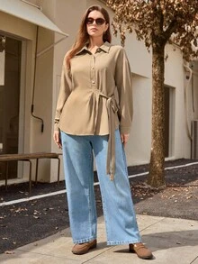 Easura Plus Size Women's Solid Color Drop Shoulder Long Sleeve Side Knot Casual Commuter Shirt