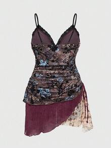 ROMWE Hippie Váy midi xếp lớp họa tiết hoa cổ điển viền bất đối xứng cỡ lớn cho nữ - Nhiều màu - Xem 2