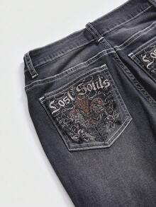 ROMWE Grunge Punk Quần jeans ống loe thêu họa tiết cổ điển, thường ngày dành cho nữ - màu đen - Xem 3