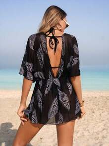 Swim Lushoire 1 件女士沙滩罩衫，叶枝网状图案，休闲居家海滩泳池度假，春夏