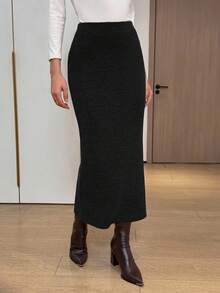 Easowa Váy dài thanh lịch họa tiết kaki thu đông cho nữ - màu đen - Xem 3