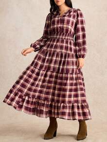 Nubod 大码秋冬休闲乡村风格子印花长款喇叭连衣裙 - 彩色 - 查看 1