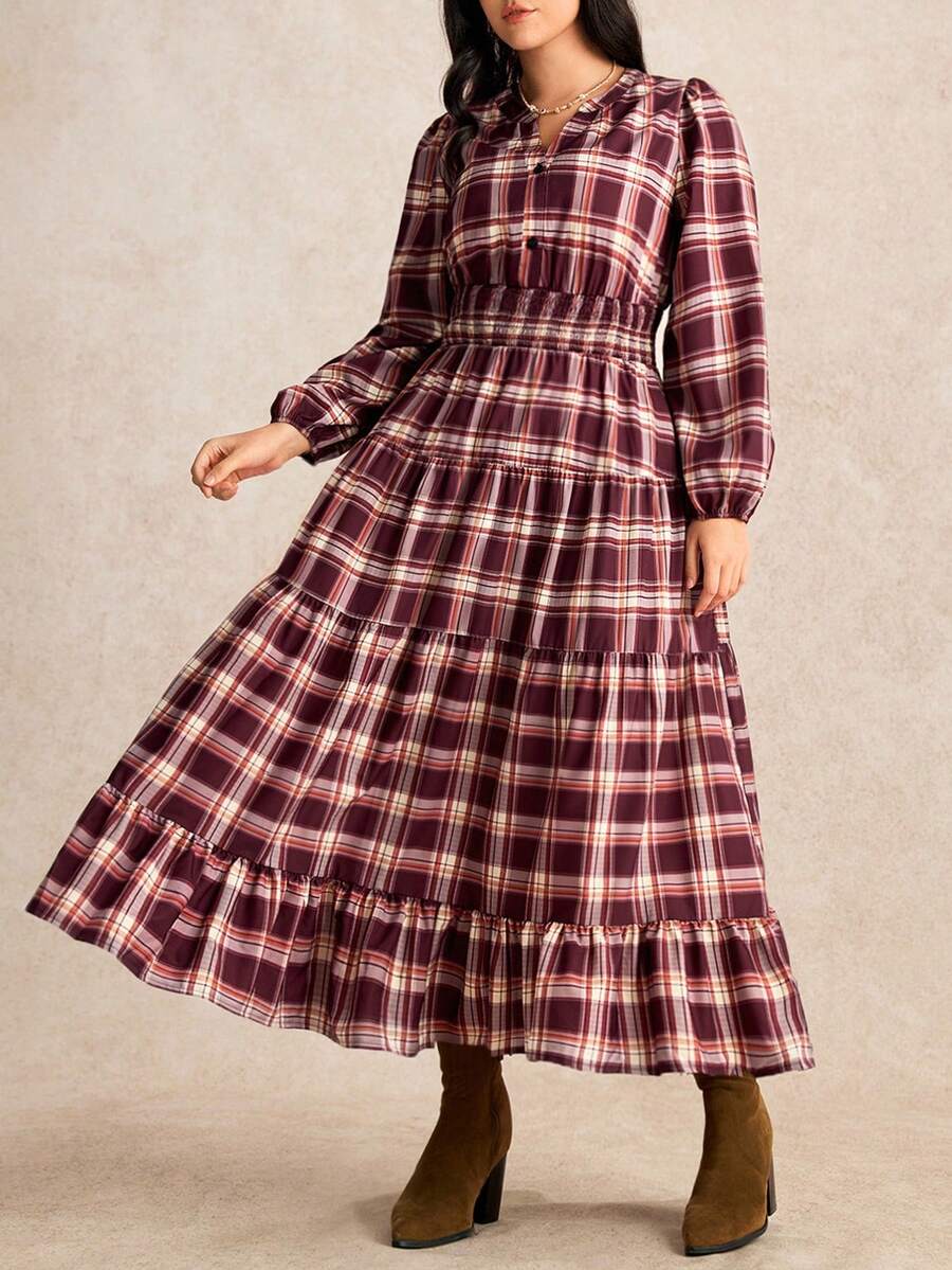 Nubod 大码秋冬休闲乡村风格子印花长款喇叭连衣裙 - 彩色 - 查看 1