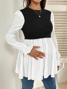 SHEIN Maternity Casual Color Block Patchwork Nursing Top, Autumn Fall - Black and White - View 5