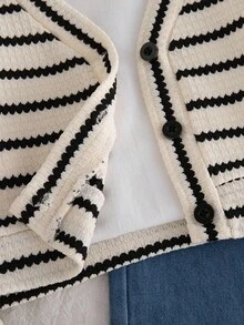 Genkimix Kids 2 件套幼儿女童秋季新款服装，条纹针织开衫夹克和休闲直筒蓝色牛仔裤，时尚简约 - 彩色 - 查看 7