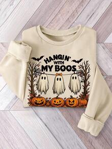INAWLY Plus Size Women's Cute Halloween Pumpkin & Bat Pattern Pullover Sweatshirt,Round Neck Long Sleeve Beige Autumn Smart Casual Everyday Holiday Tops - Apricot - View 1