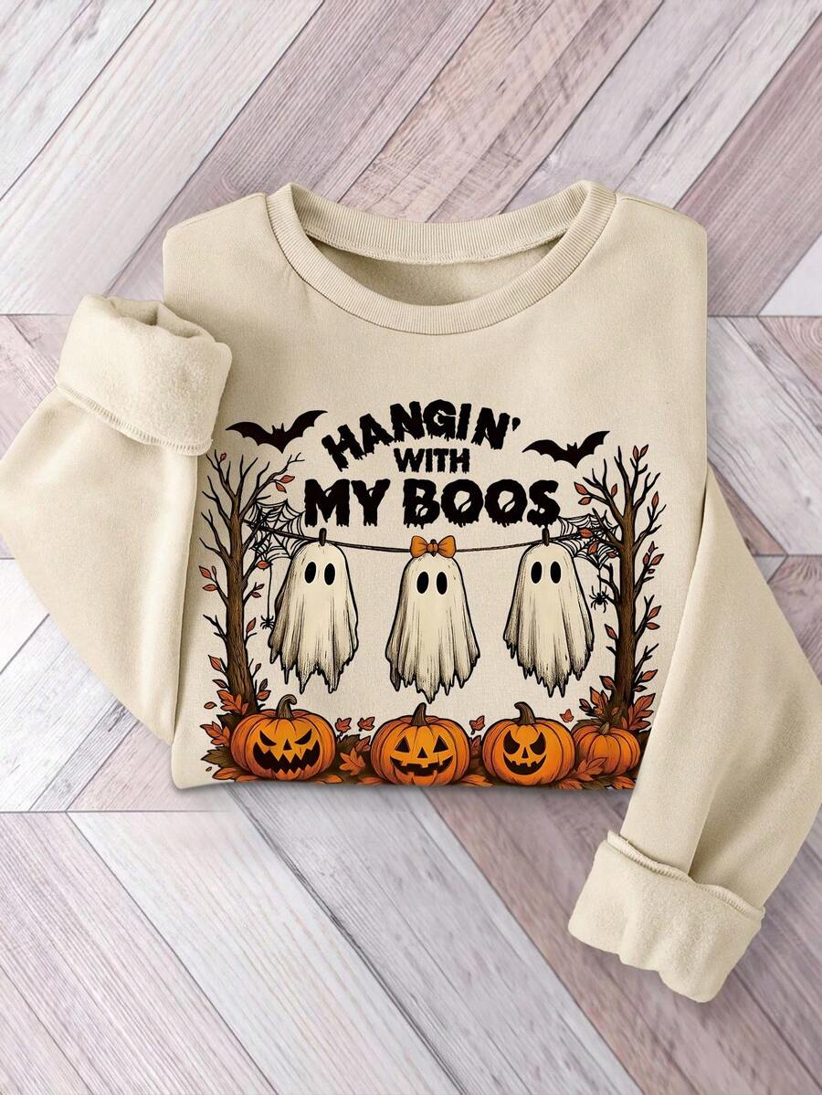 INAWLY Plus Size Women's Cute Halloween Pumpkin & Bat Pattern Pullover Sweatshirt,Round Neck Long Sleeve Beige Autumn Smart Casual Everyday Holiday Tops - Apricot - View 1