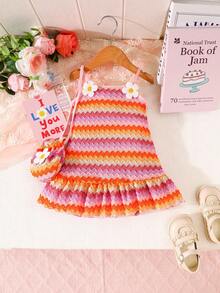 SHEIN Playful Pals Baby Girl Casual Fashion Floral Suspender Dress And Bag - Multicolor - View 4