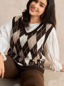 Nubod Plus Size New Arrival Popular Elegant Women V-Neck Long Sleeve Geometric Pattern Vest, Autumn/Winter - Multicolor - View 4