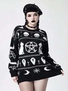 ROMWE Goth Suéter de malha com caveira gótica grande, gato preto, pentagrama, estilo punk, unissex, adequado para Halloween, outono/inverno - Preto - Ver 7