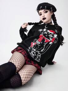 ROMWE Gothic Dark Mysterious Cat Skeleton Christmas Intarsia Loose Pullover Sweater - Black - View 8