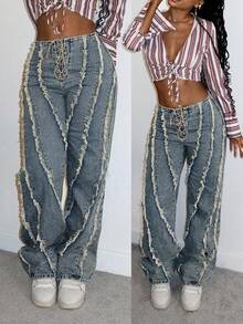 StreetHx Vintage Street Chic Distressed Tie-Up High Waist Straight Leg Jeans
