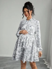 SHEIN Maternity Long Sleeve Stand Collar Half-Placket Front Button Waist Belt A-Line Dress, Digital Print - Multicolor - View 1