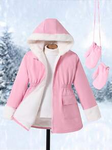 SHEIN Tween 女童休闲百搭日常校园秋冬保暖卡其色人造毛皮衬里拼布黑色棉服外套，配手套 - 粉色 - 查看 3