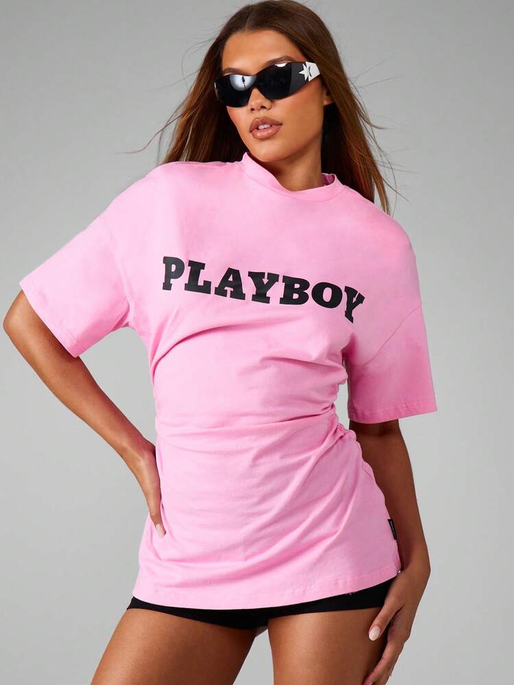 Missguided x Playboy Oversize-T-Shirt mit seitlichem Rüschendetail