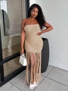 Alexandranx Vestido de ganchillo tipo body crochet para cubrir con flecos extra largos en color albaricoque, sin tirantes, para primavera y verano, ideal para vacaciones en la playa