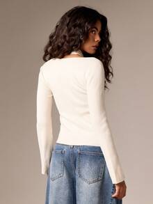 AiiRZ 短款针织毛衣，扭纹领口，长袖，修身，冬季秋季基本款罗纹上衣，优雅休闲装 - 卡其色 - 查看 2