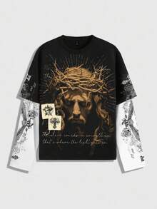 ROMWE MEN Goth Men's 2 In 1 Long Sleeve Jesus T-Shirt, Punk Street Style Top, Fall - Black - View 1