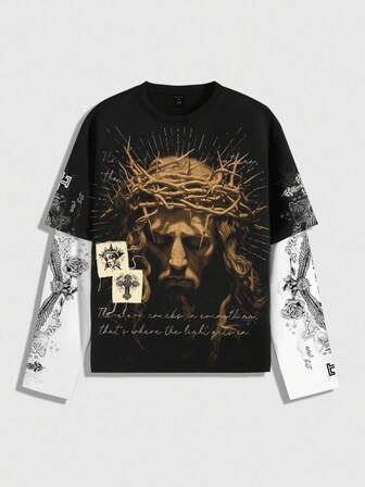 Street Life Camiseta de manga larga de 2 en 1 con estampado de Jesús para hombres, estilo callejero punk, otoño