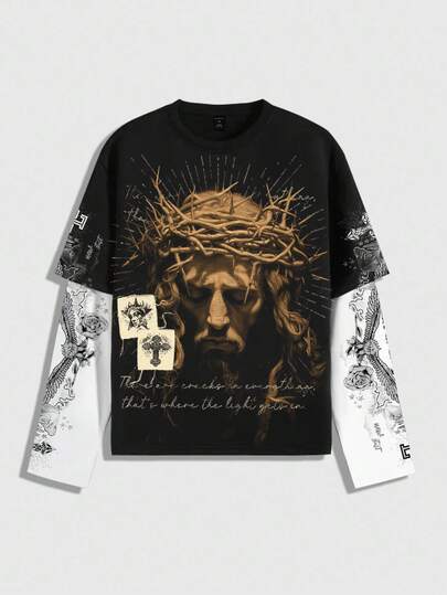 Street Life Men's 2 In 1 Long Sleeve Jesus T-Shirt, Punk Street Style Top, Fall
