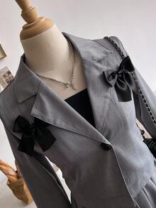 Tween Girl Bow Decor Lapel NeckLong Sleeve Jacket And Pleated Skirt Set, Autumn - Grey - View 3
