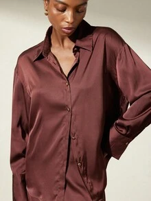 Aveloria Modichic 2 件醋酸纤维缎面长袖衬衫和美人鱼下摆裙套装，优雅 - 棕色 - 查看 4